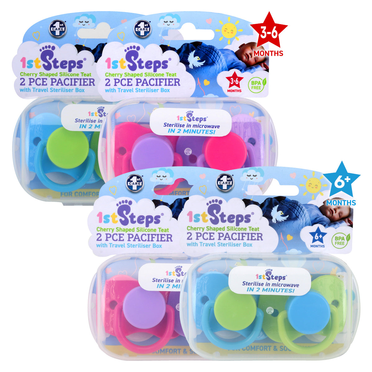 1st Steps 24PCE Cherry Shaped Pacifiers With Sterilising Cases 3-6+ Months