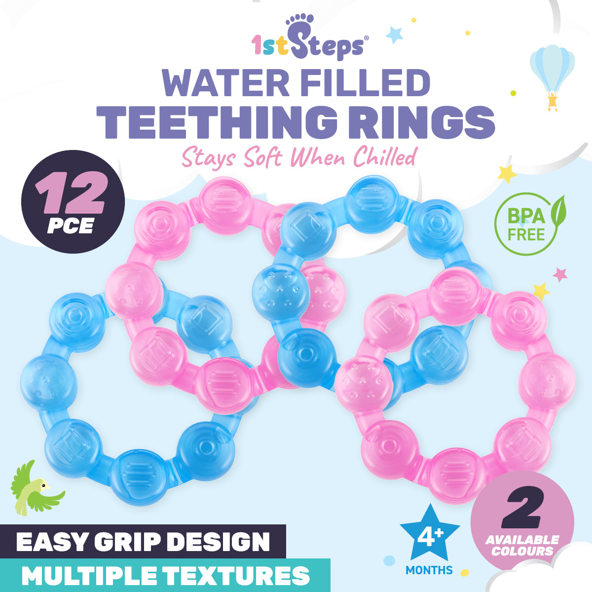 1st Steps 12PCE Textured Teething Rings Water Filled Soft Premium Silicone