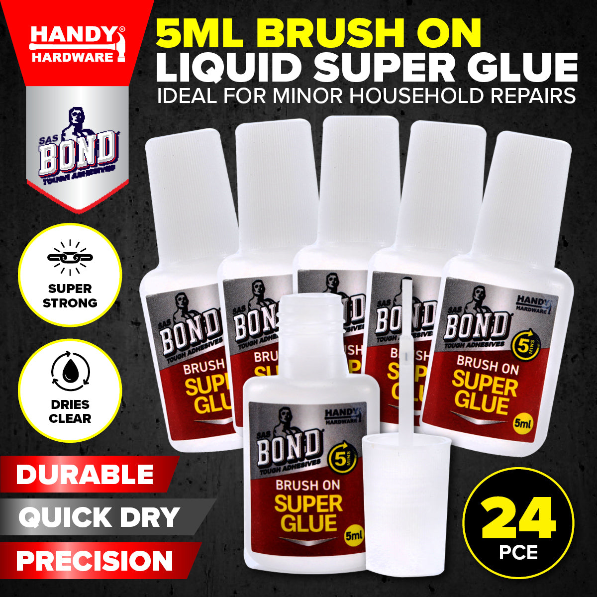 Handy Hardware 24PCE Brush On Liquid Super Glue Quick Dry High Strength 5ml