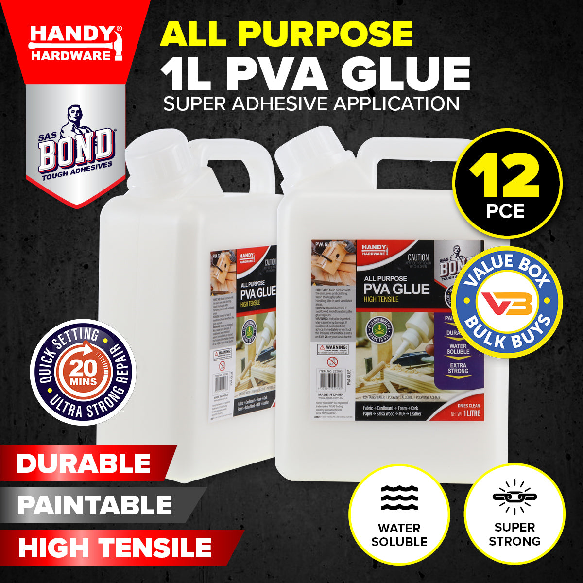Handy Hardware 12PCE PVA Glue Quick Setting High Strength All Purpose 1L