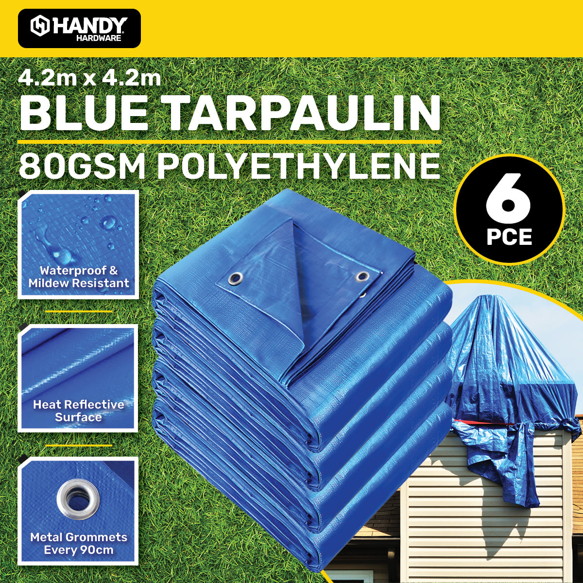 Handy Hardware 6PCE 80GSM Blue Square Tarpaulin UV Resistant Waterproof 4.2m