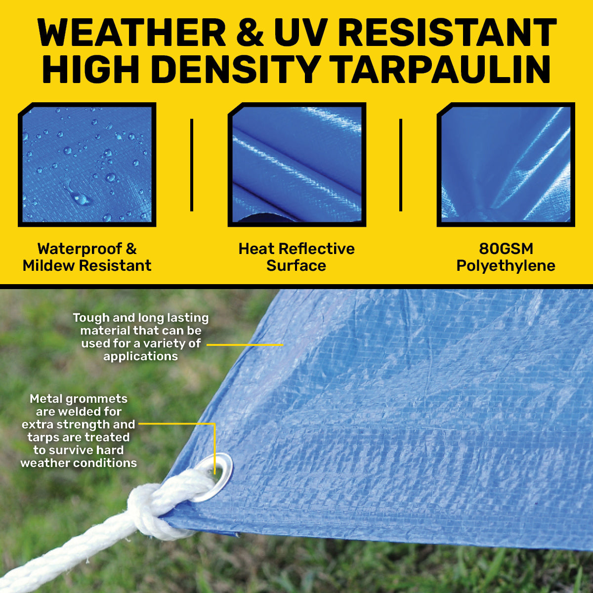 Handy Hardware 4PCE 80GSM Blue Square Tarpaulin UV Resistant Waterproof 5.4m