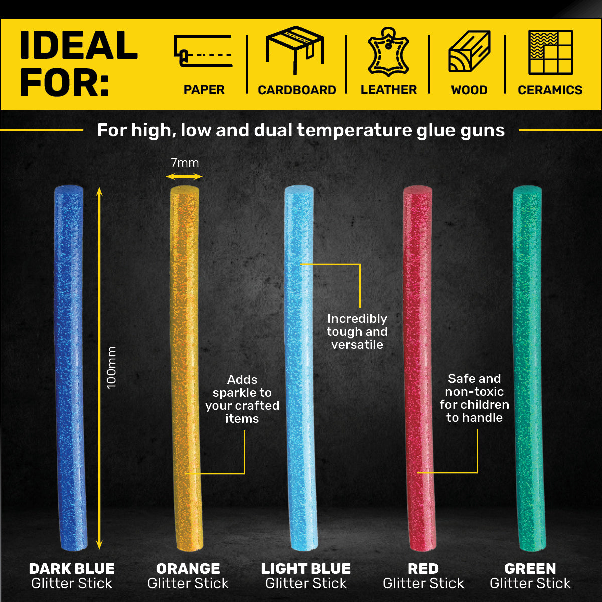 Handy Hardware 480PCE Glitter Hot Melt Glue Sticks Vibrant Colours 100 x 7mm