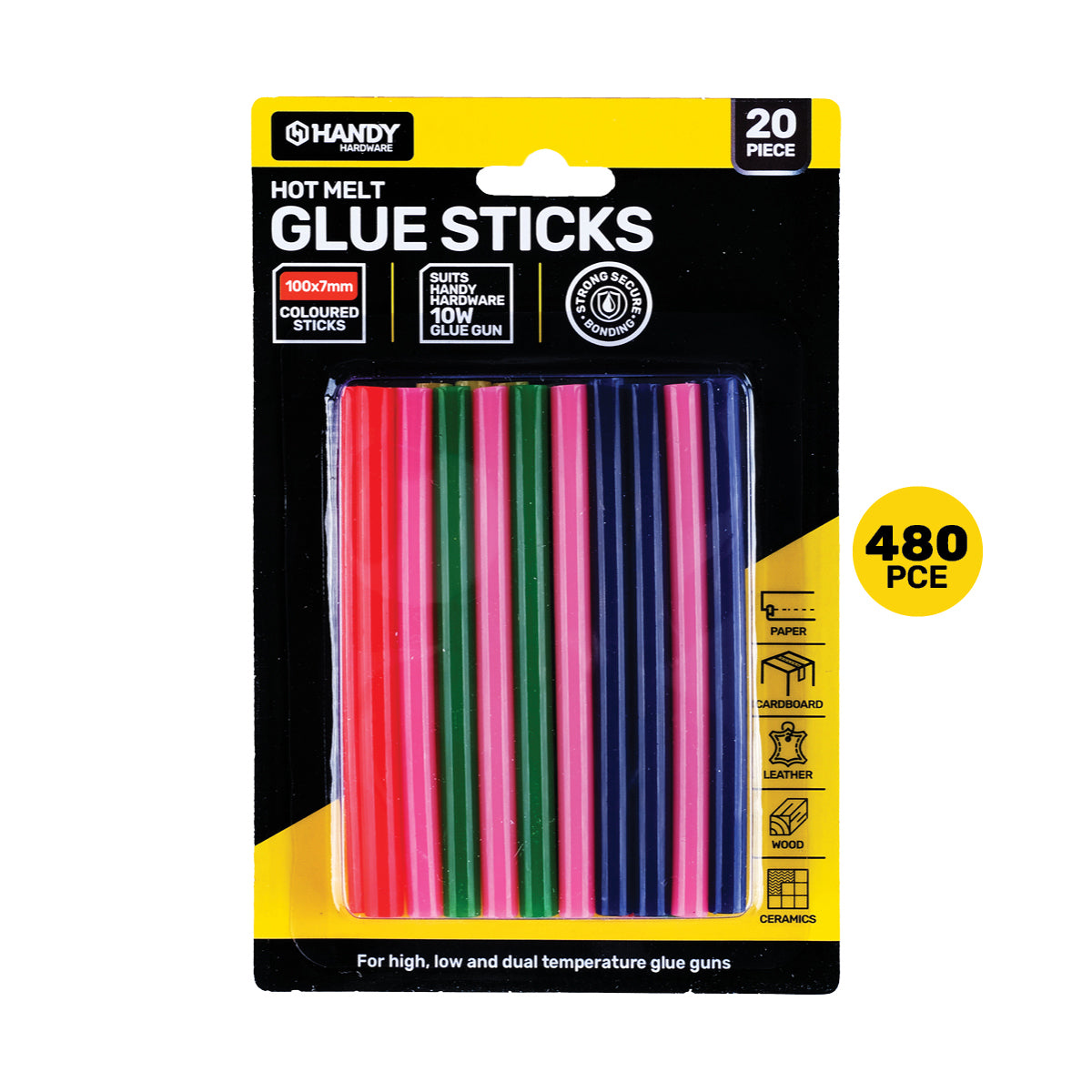 Handy Hardware 480PCE Coloured Hot Melt Glue Sticks Vibrant Colours 100 x 7mm