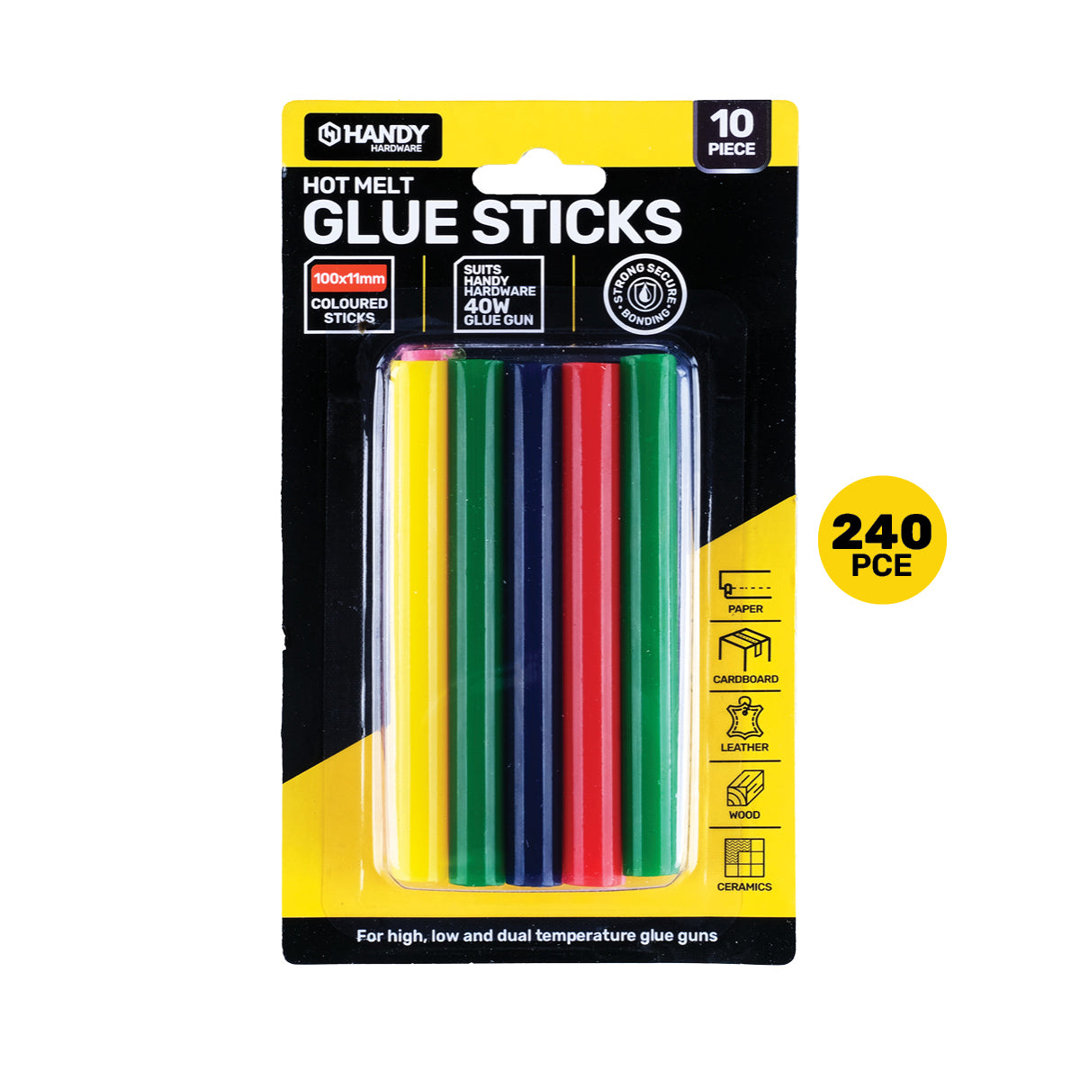 Handy Hardware 240PCE Coloured Hot Melt Glue Stick Vibrant Colours 100 x 11mm