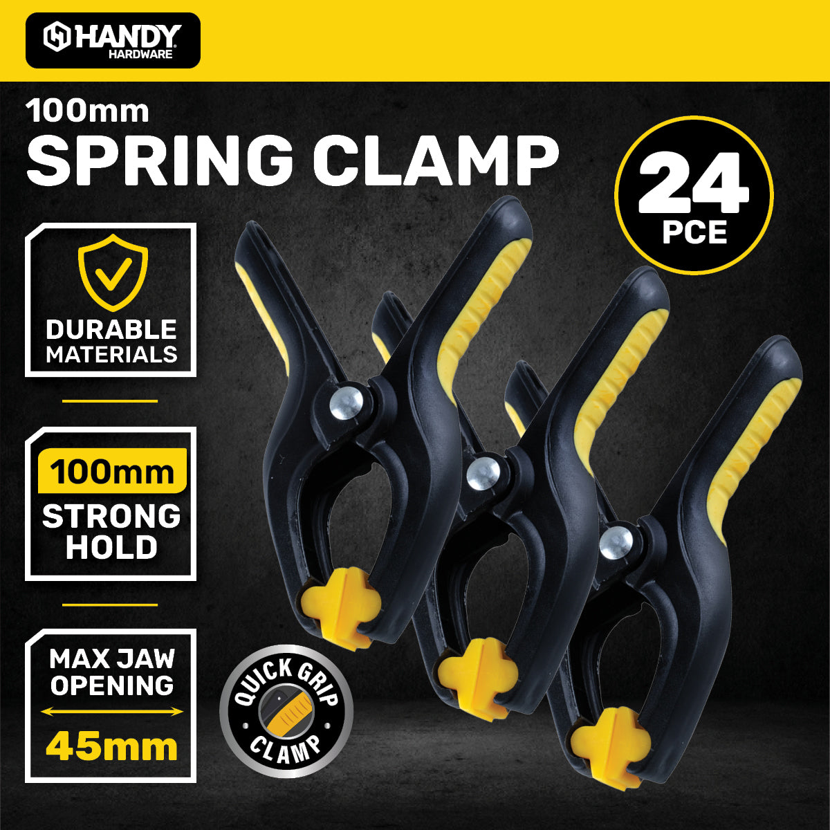 Handy Hardware 24PCE Medium Spring Clamps 45mm Jaw Opening Heavy Duty 100mm