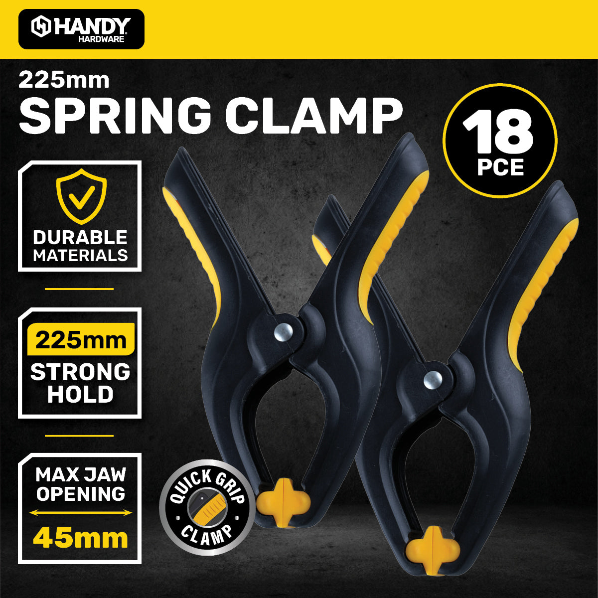 Handy Hardware 18PCE Large Spring Clamps 45mm Jaw Opening Heavy Duty 225mm