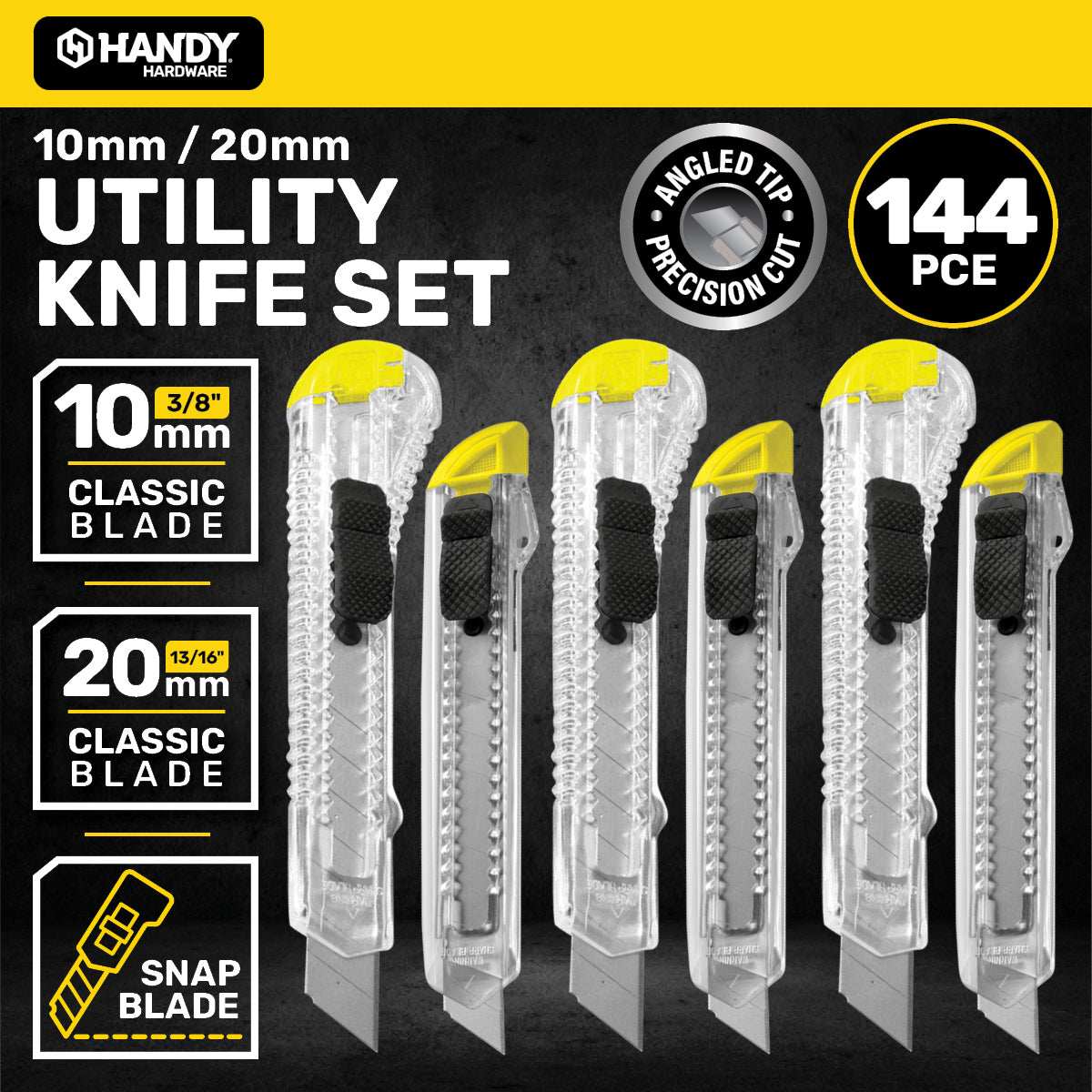 Handy Hardware 144PCE 10mm/20mm Utility Knife Set Angled Tip Snap Blades