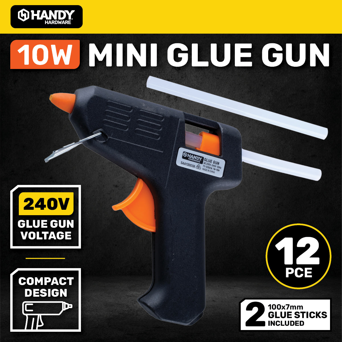 Handy Hardware 10W Mini Glue Gun Glue Sticks Included 240V Compact Design