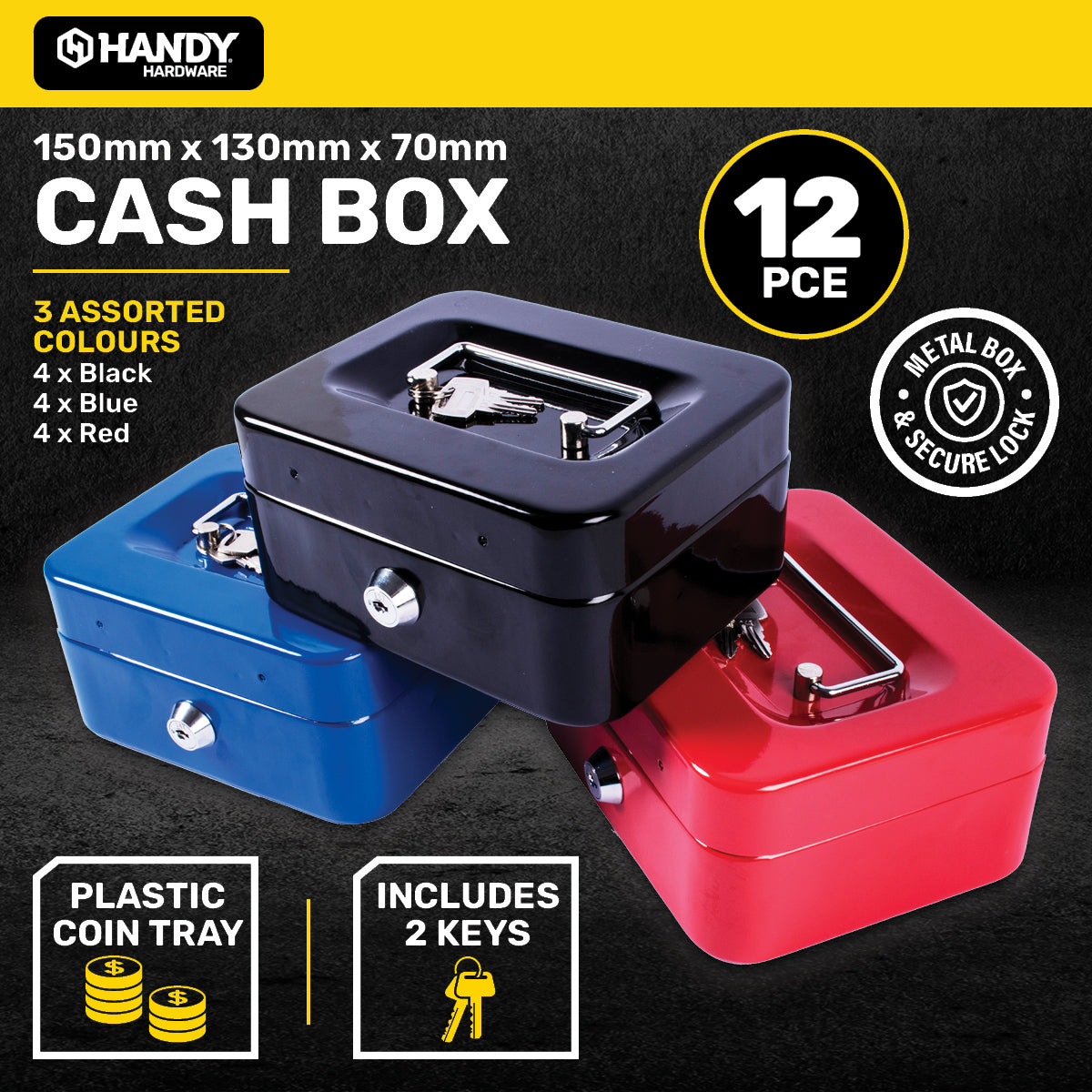 Handy Hardware 12PCE Metal Cash Box With Keys Assorted Colours 150 x 130mm