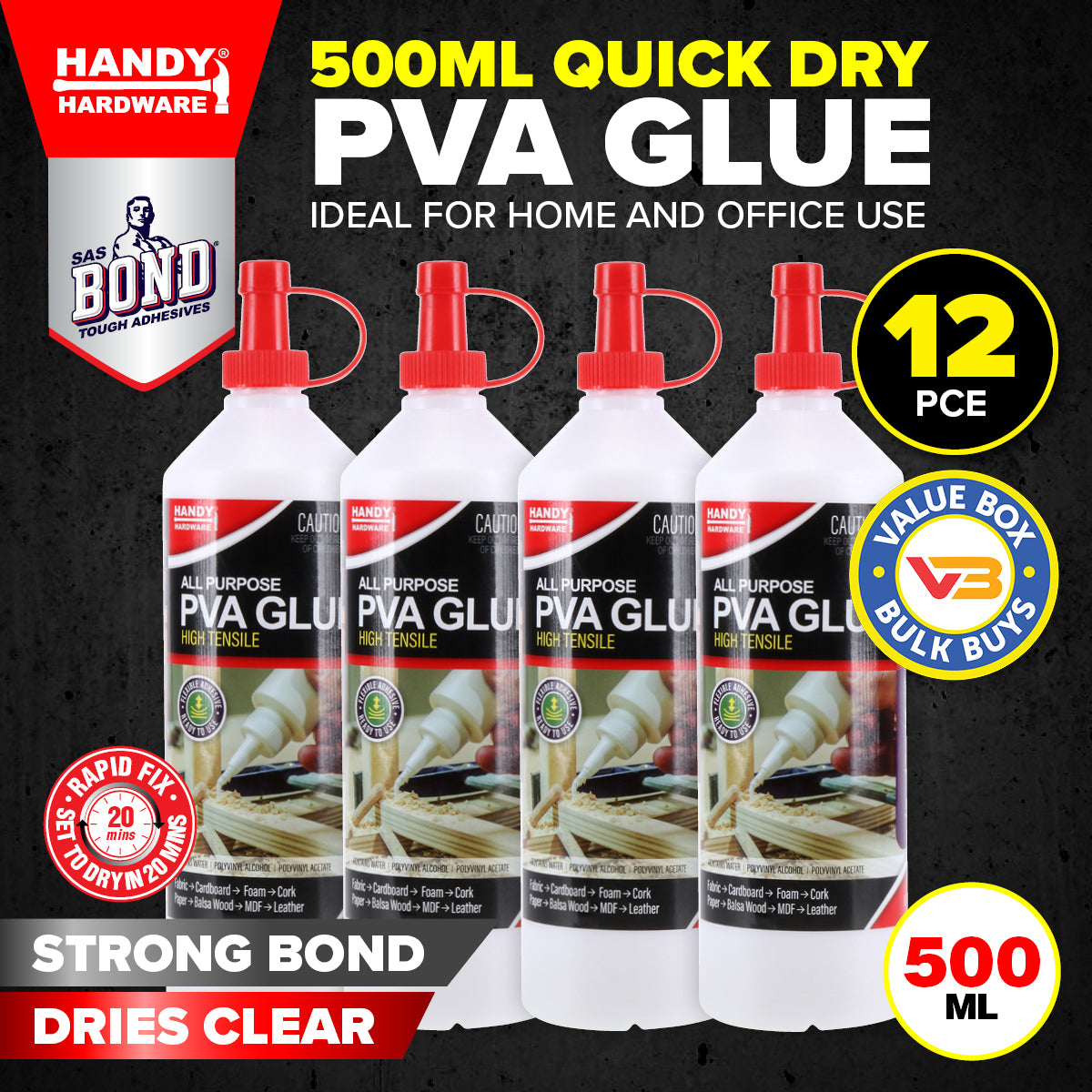 Handy Hardware 12PCE PVA Glue Quick Dry High Strength Multipurpose 500ml