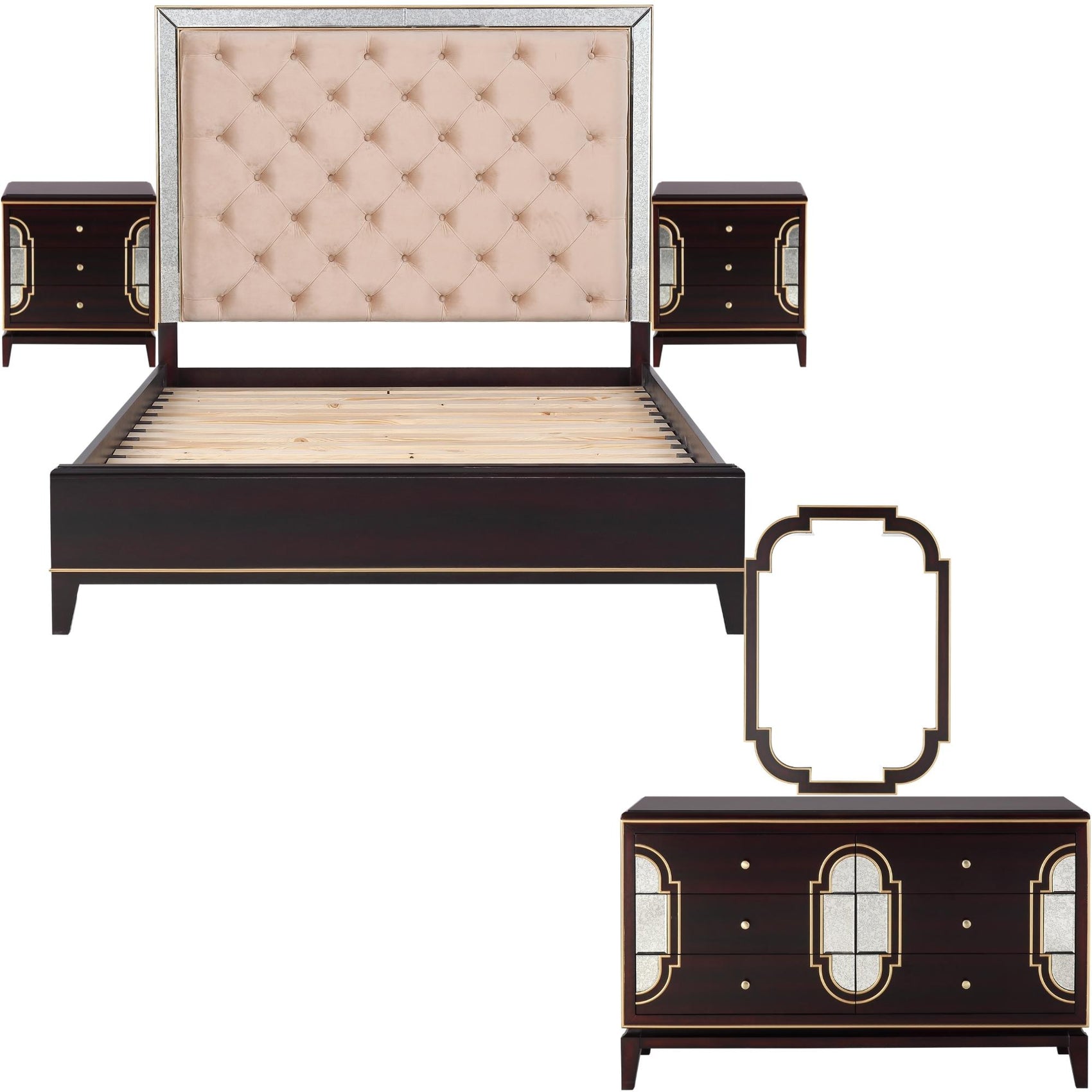 Scarlet 5pc Queen Bed Frame Bedroom Suite Timber Bedside Dresser Mirror Package