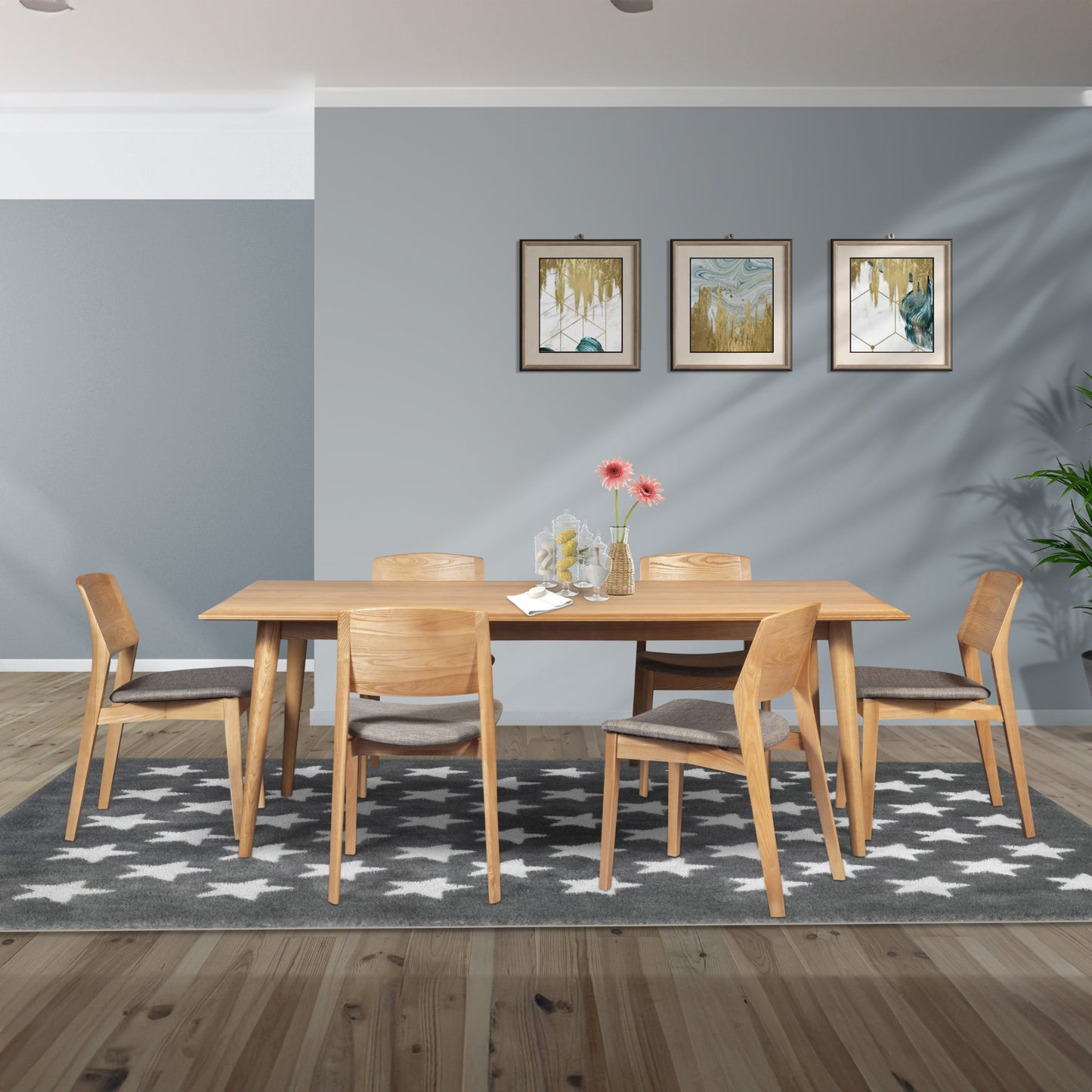 Emilio 4pc Set Dining Chair Fabric Seat Scandinavian Style Solid Ash Wood Oak