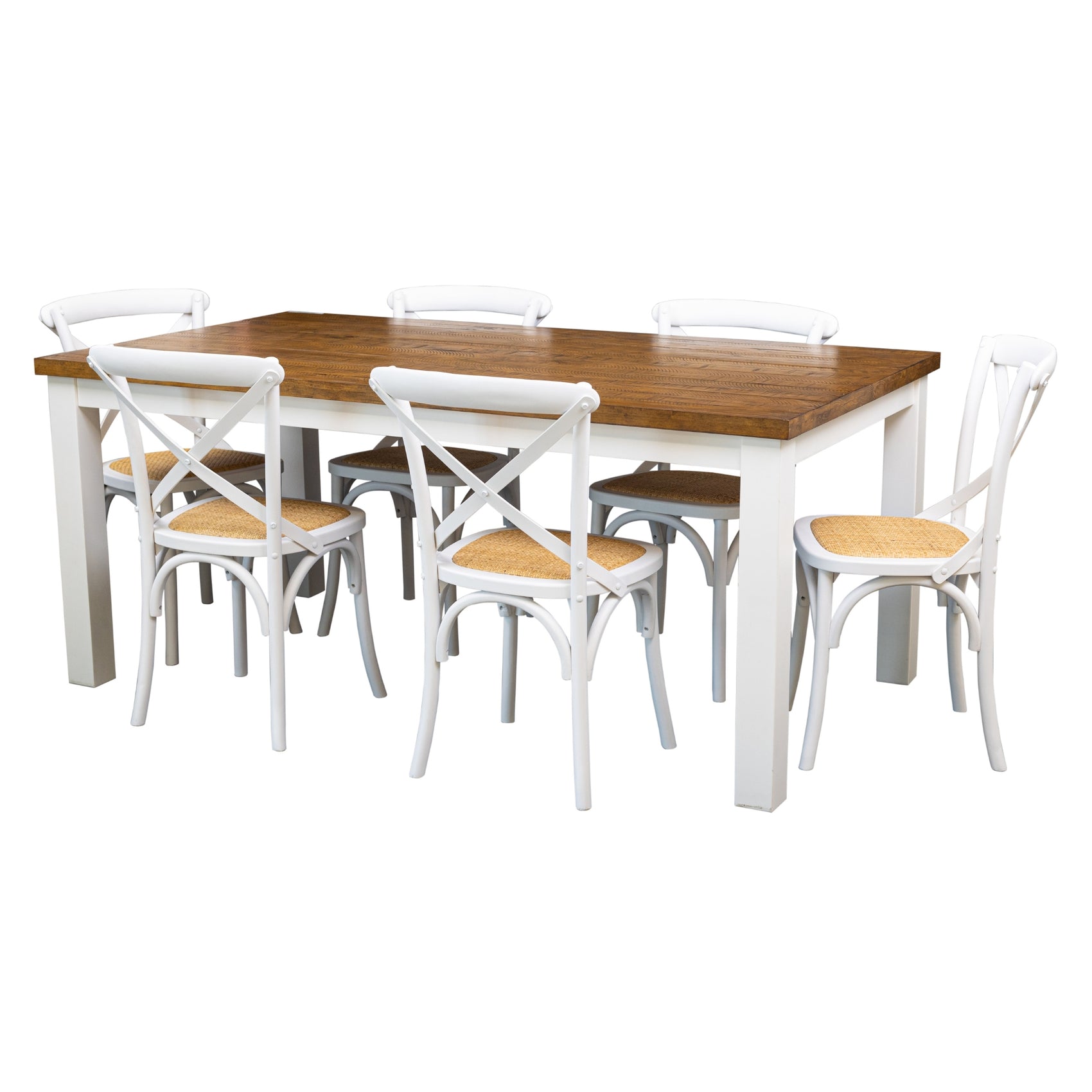 Norah 7pc Dining Set Table 180cm Solid Acacia Wood White Crossback Chair