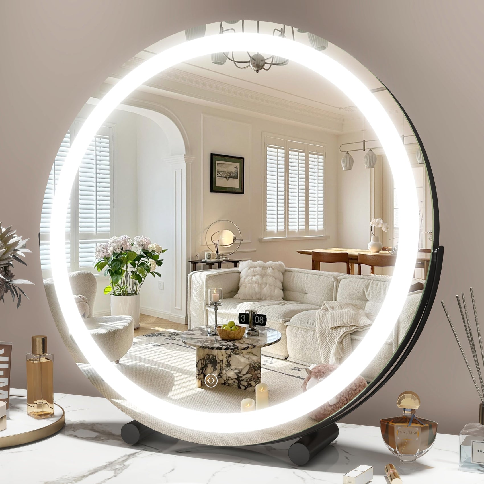 45cm Large Makeup Desk Mirror Lights Round LED Makeup Make up Mirror Bedroom Tabletop Touch Control Black