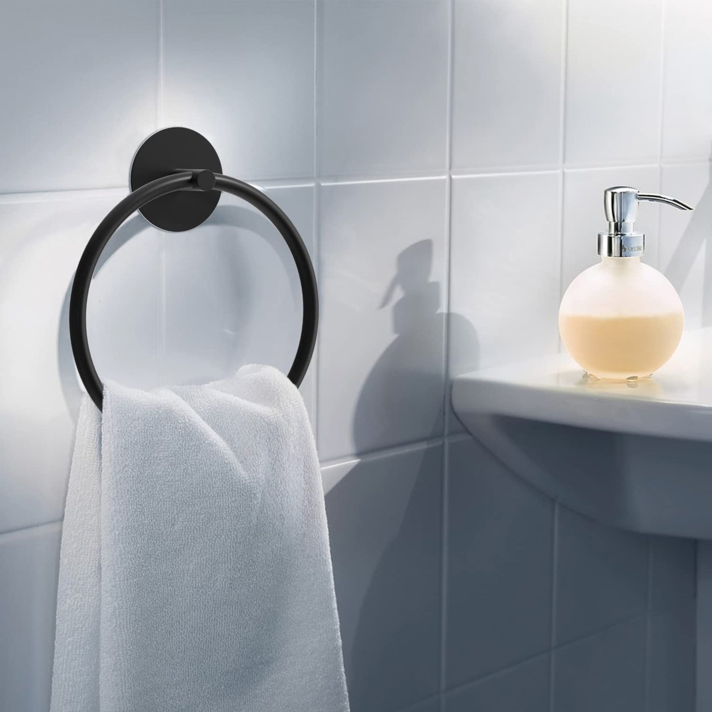 Bathroom Towel Ring Bathroom Towel Rack Adhesive Hand Towels Holder Towel Hanger Round Black