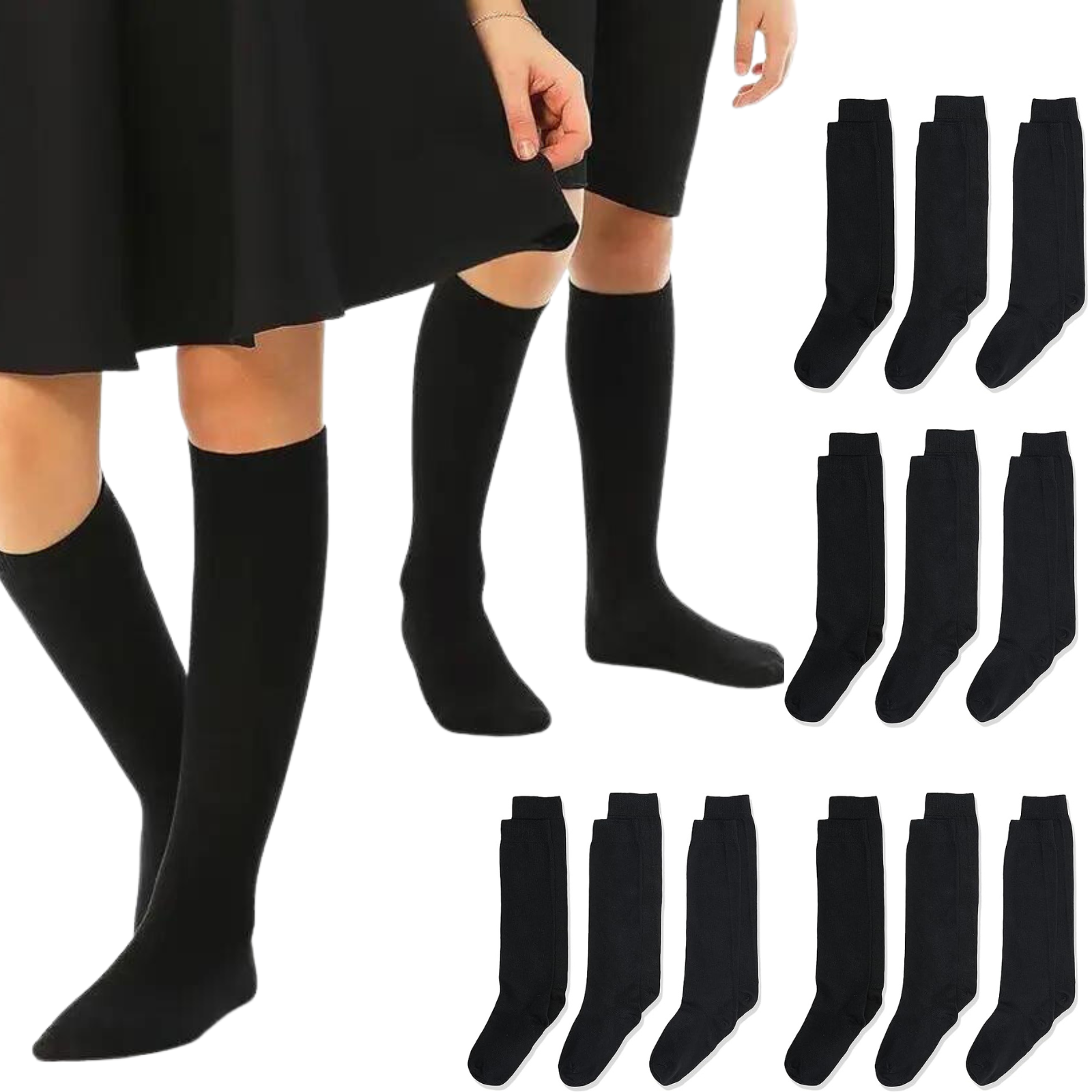 12x Pairs School Uniform Knee High Socks Cotton Rich Girls Boys Kids Bulk - Black - 6-11 (12+ Years Old)