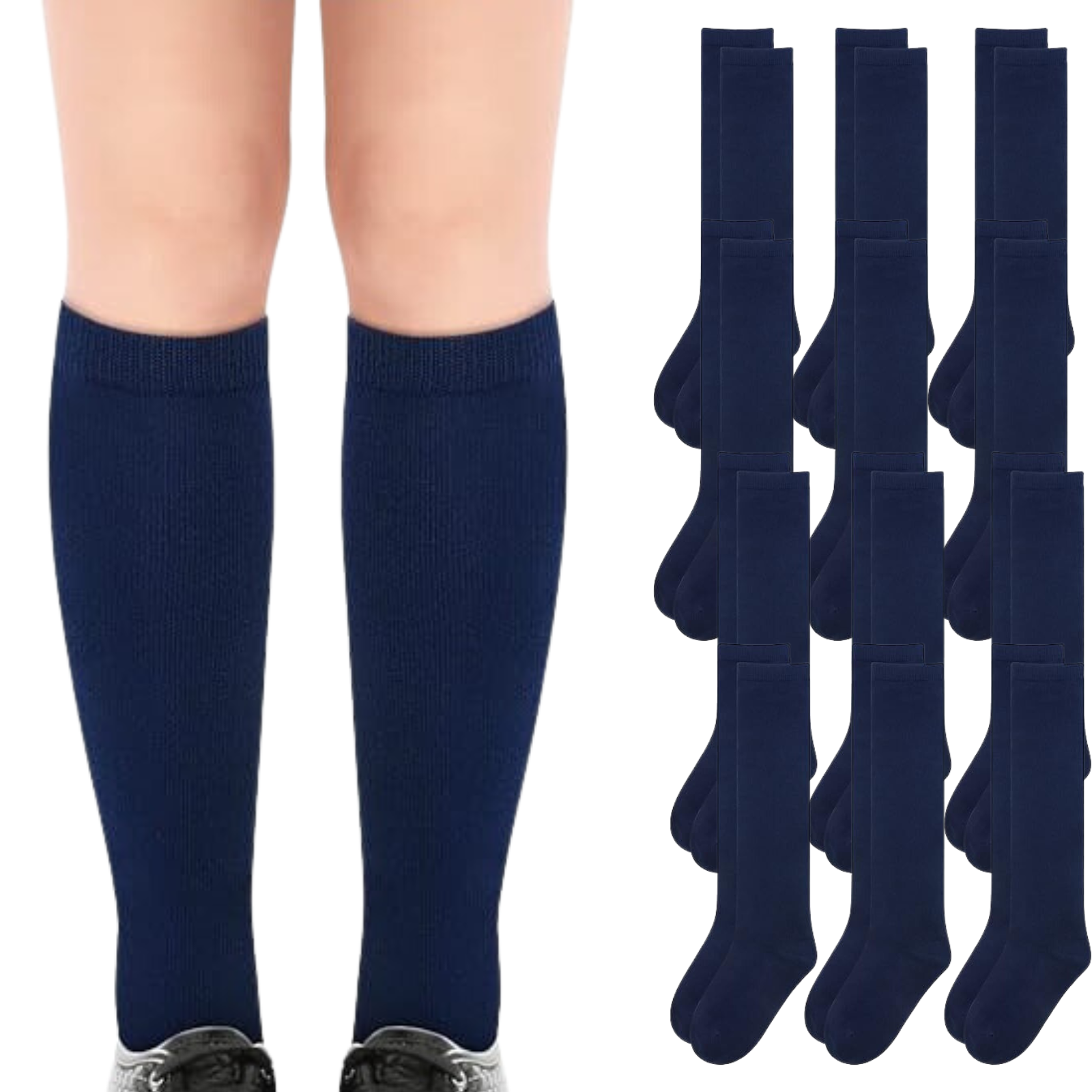 12x Pairs School Uniform Knee High Socks Cotton Rich Girls Boys Kids Bulk - Navy - 9-12 (5-8 Years Old)