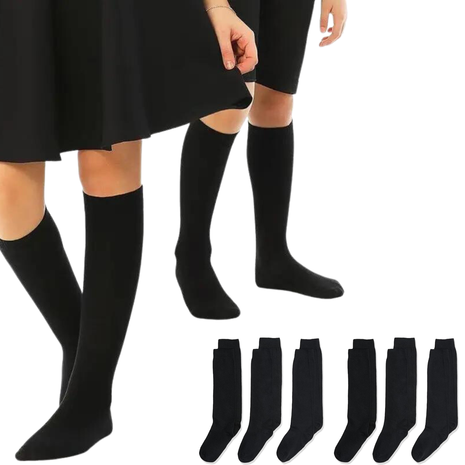 6x Pairs School Uniform Knee High Socks Cotton Rich Girls Boys Kids Bulk - Black - 13-3 (8-10 Years Old)