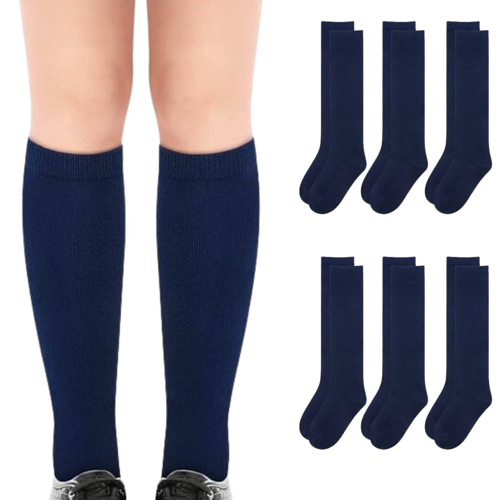 6x Pairs School Uniform Knee High Socks Cotton Rich Girls Boys Kids Bulk - Navy - 13-3 (8-10 Years Old)